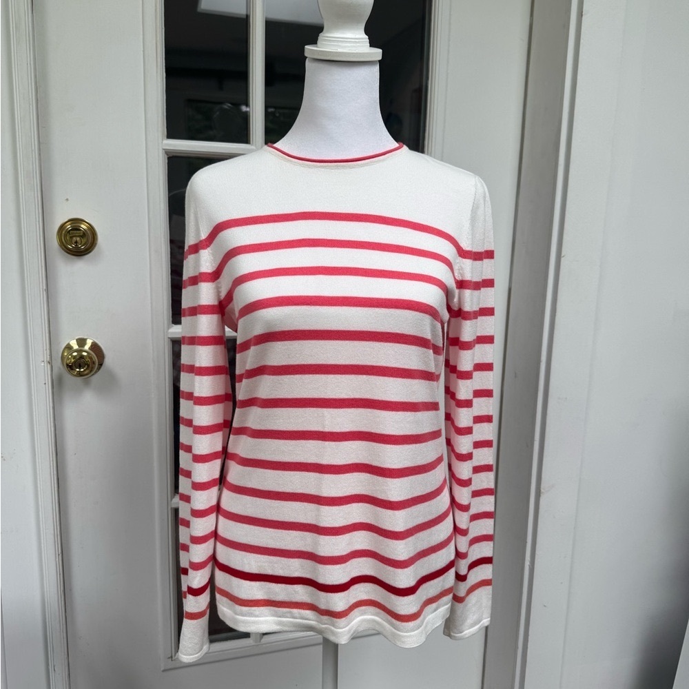 J McLaughlin Coral and White Striped Long Sleeve Women's Sweater